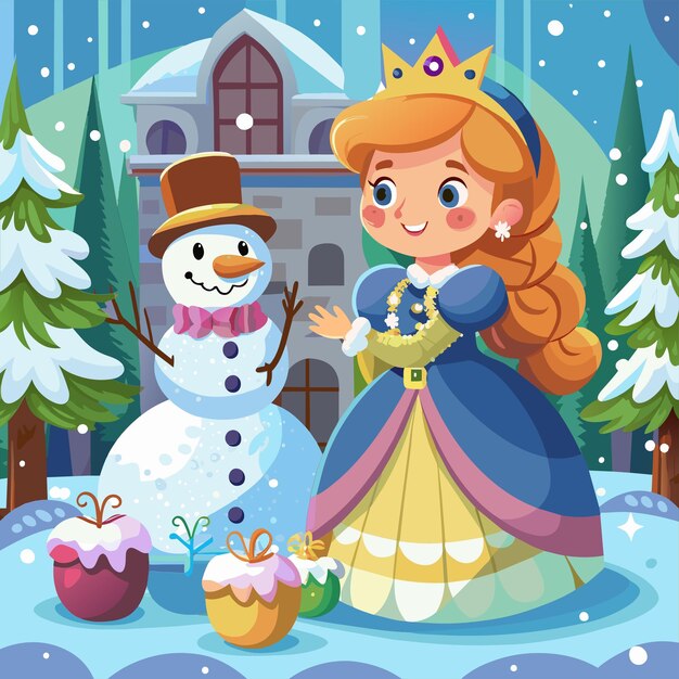 Вектор Рождественский сезон с детьми в рождественских костюмах и снеговиком, нарисованным вручную.