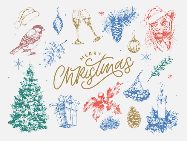 크리스마스 세트 2022 새 해와 크리스마스 기호, 크리스마스 트리, 호랑이, 산타, 콘, 계피, 안경, 양초, 장난감, 선물, 스케치 그림.