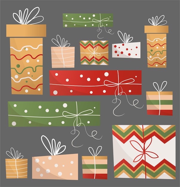 Рождественский набор ярких красивых подарков в цветных упаковках