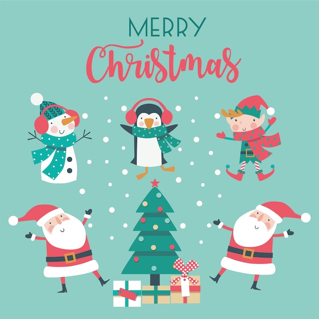 Christmas set of cartoon characters and tree on blue