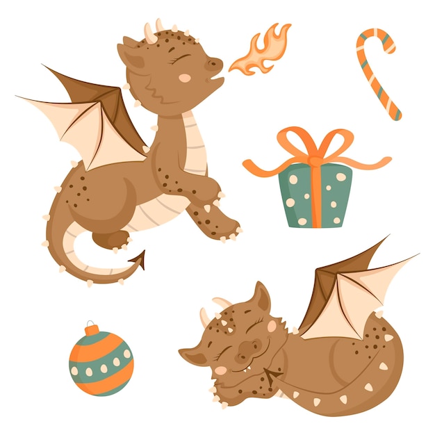 Christmas set in cartoon style Cute dragons gift box Christmas ball caramel lollipop