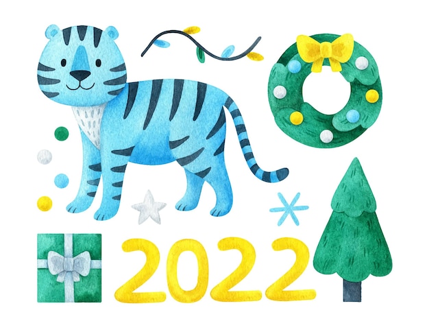 Christmas set of clipart 2022 with a blue tiger. drawings for the decoration of the new year