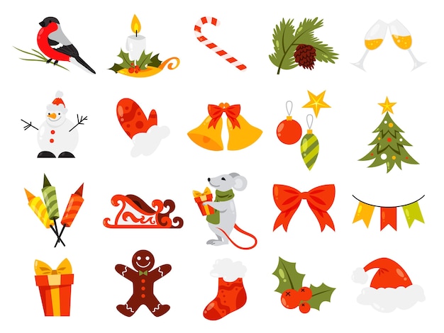 크리스마스 세트. 귀여운 겨울 휴가 장식의 컬렉션입니다. 사탕과 촛불, 선물 및 종. 삽화