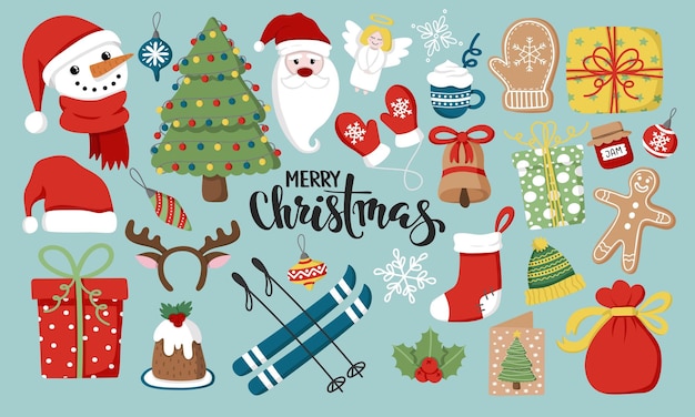 クリスマス セット、かわいい季節の要素、フラット スタイルのベクトル イラスト