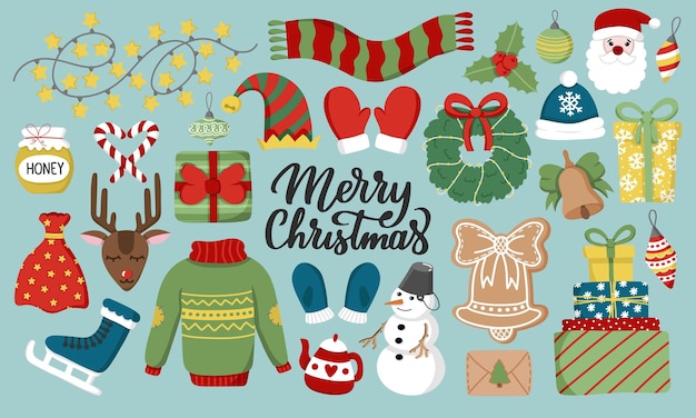 Christmas set, cute seasonal elements, vector illustration in flat style