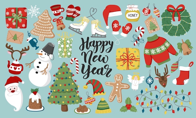 Christmas set, cute seasonal elements, vector illustration in flat style