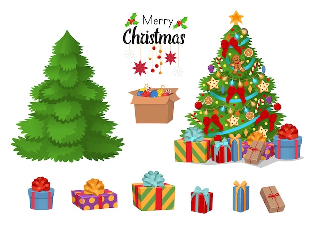 Premium Vector | Christmas set decorated christmas tree with gift ...