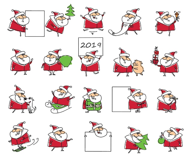 Christmas set of different Santa Clauses with christmas symbol of the year gifts, christmas tree, banners and other in cartoon style
