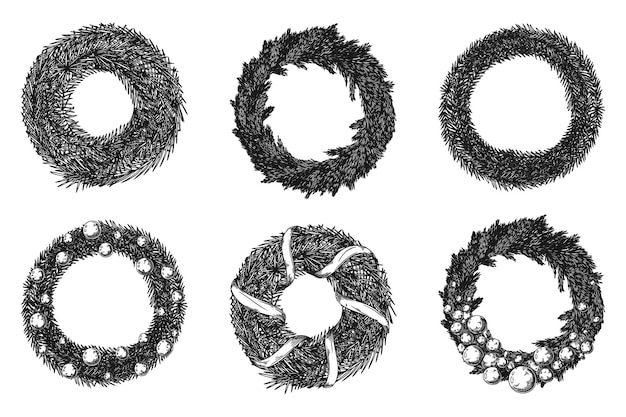 Christmas set. Different wreaths from branches isolated on a white background. Sketch, illustration by hand drawn