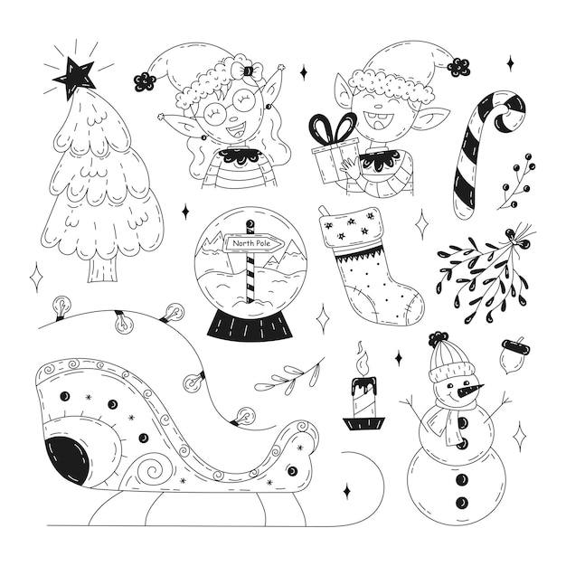 Vettore set natalizio di elementi doodle grafica natalizia disegnata a mano set di elementi natalizi per il design
