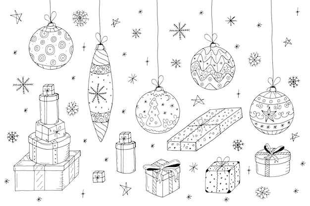 Christmas set in doodle style.Hand drawn gifts and xmas balls.Vector illustration.