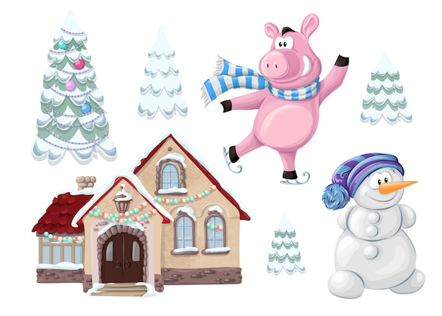 Christmas set - a house, a pig and a christmas tree.