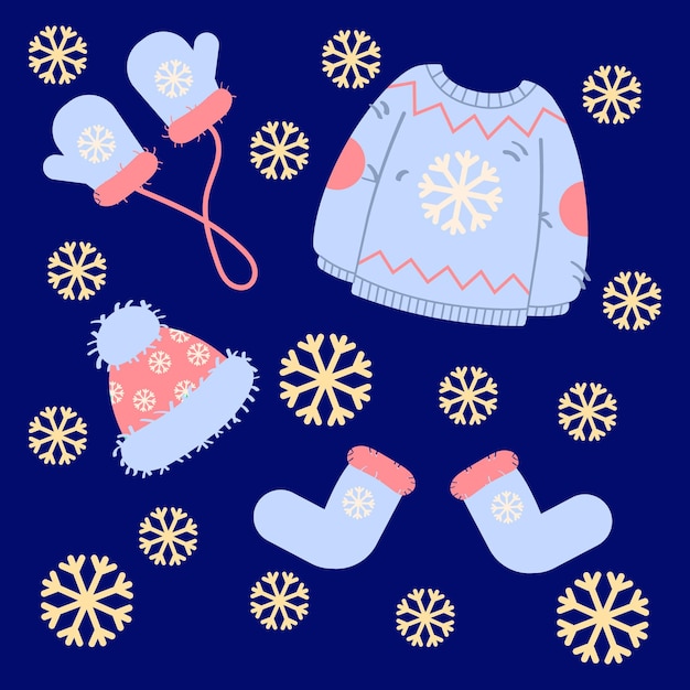 크리스마스 세트, 니트 스웨터, 모자, 장갑, 양말. 삽화, 벡터