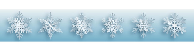 Вектор Рождественский набор из белых сложных бумажных снежинок с мягкими тенями на голубом фоне