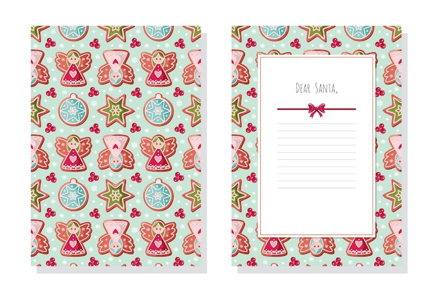 Christmas set. santa claus letter template a4. traditional pattern with gingerbread cookies. vector