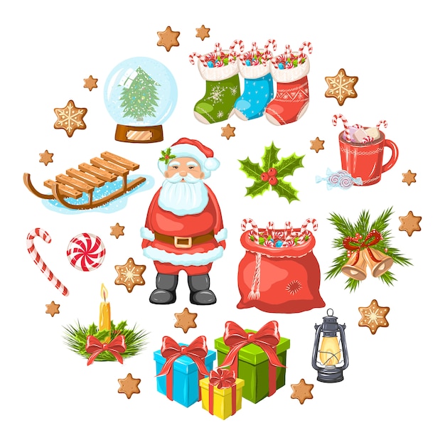 Christmas set. Santa Claus, socks, presents, lantern, cacao, cookies, candles, sledge, toys, gifts