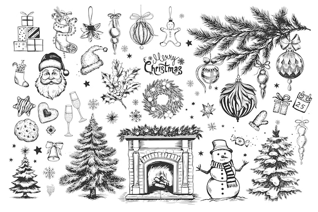 Christmas set in sketch style Hand drawn illustration