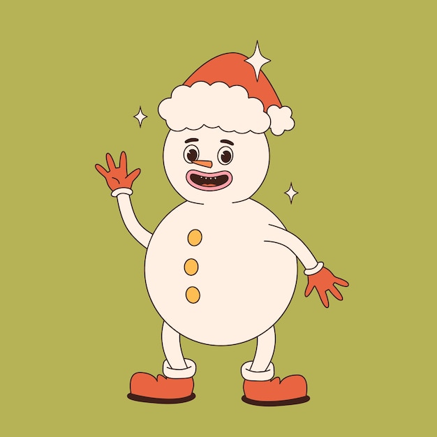 Christmas set Snowman mascot character retro 30s cartoon 40s 50s 60s old animation style Different emotions and face expressions Vintage comic merry Christmas collection Isolated flat vector