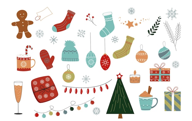 Christmas set of vector elements flat design on white background