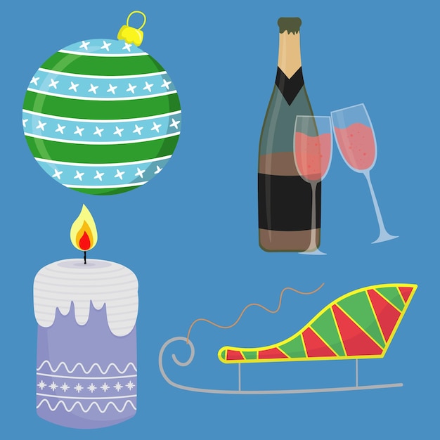 Vector christmas set of vector elements includes glass toy sparkling wine and glasses candle sleigh