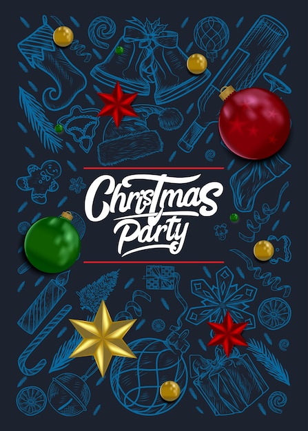 Christmas set vector illustration with chalk on a blackboard