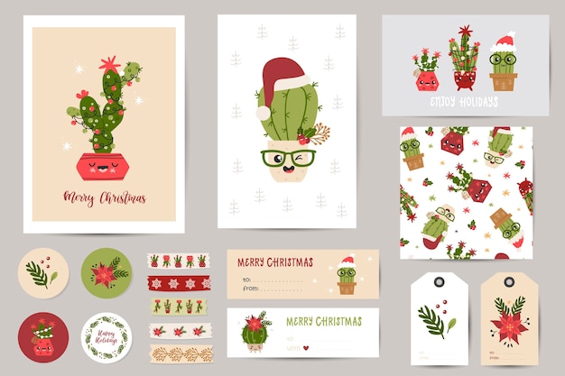 Christmas set with Christmas cards, notes, stickers, labels, stamps, tags with cacti.