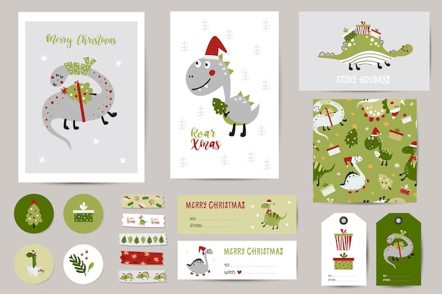 Christmas set with christmas cards, notes, stickers, labels, stamps, tags with cute dinosaurs