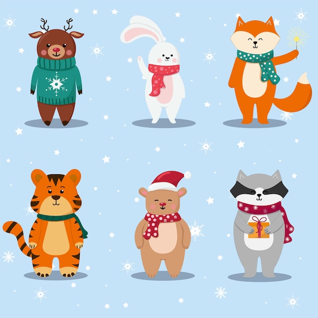 Christmas set with cute animals tiger bear deer rabbit fox raccoon flat vector illustration