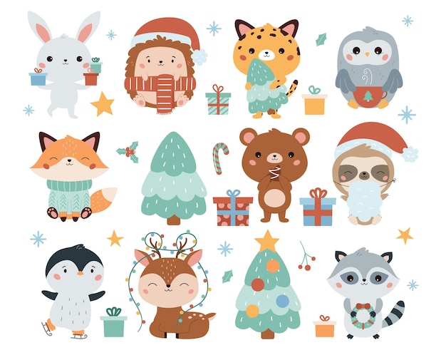 Set natalizio con simpatici regali di animali dei cartoni animati kawaii e albero di natale
