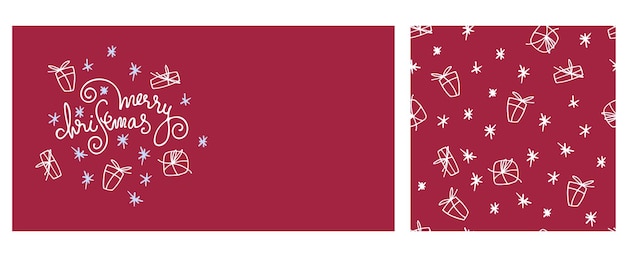Рождественский набор с поздравительной открыткой и бесшовным узором. ручные надписи снежинками и подарочными пакетами на красном фоне.