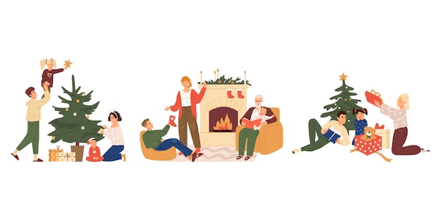 Vector christmas set with happy families with children at home, preparing. isolated on a white background.
