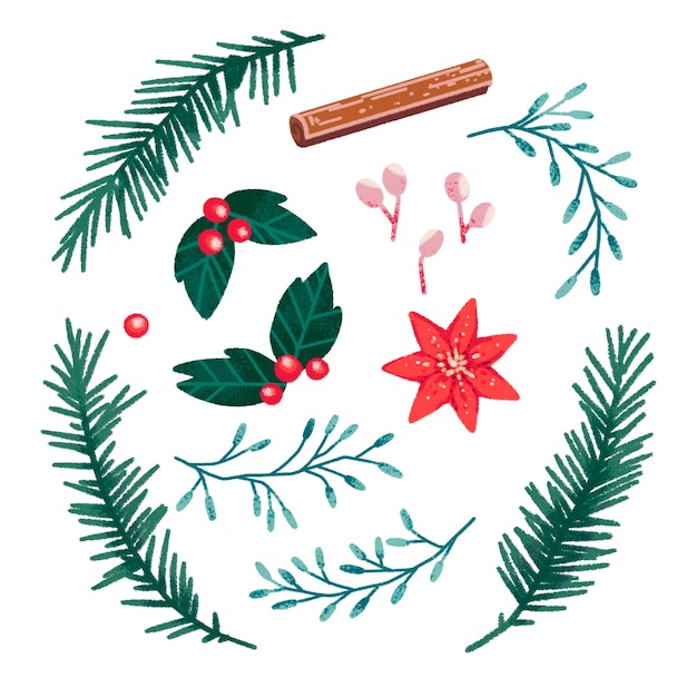 Vector christmas set with holly, cinnamon, red flower, pink berries, blue flowers, christmas tree