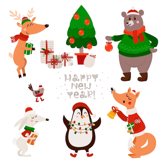 Vector christmas set with isolated cute forest animals