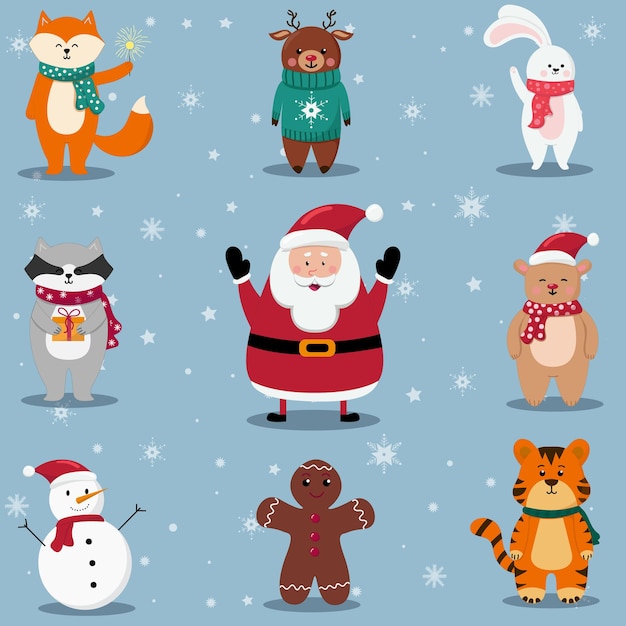 Christmas set with santa claus and cute animals. tiger, bear, deer, rabbit, fox, racoon, snowman