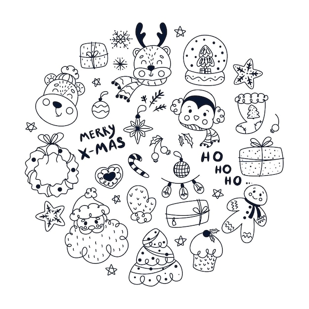 Christmas set with santa deer gingerbread christmas elements for decoration christmas doodle set