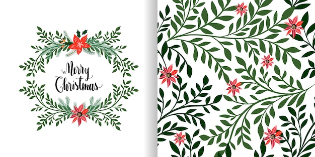 Vector christmas set with seamless pattern and greeting card, floral wreath, seasonal winter design