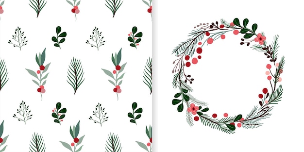 Vector christmas set with seamless pattern and greeting card, winter seasonal design,