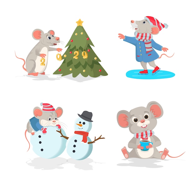 벡터 크리스마스는 마우스로 설정합니다. 아이스 스케이팅 마우스, 크리스마스 트리와 마우스, 커피 컵과 마우스.