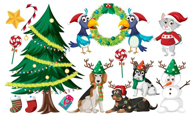 Vector christmas set with tree and decorations