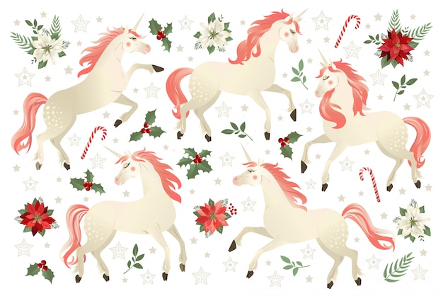 Il natale ha messo con l'illustrazione di vettore dell'unicorno sul fondo del fiore della stella di natale.