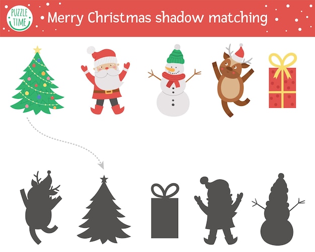 Christmas shadow matching activity for children Winter puzzle with tree snowman deer present