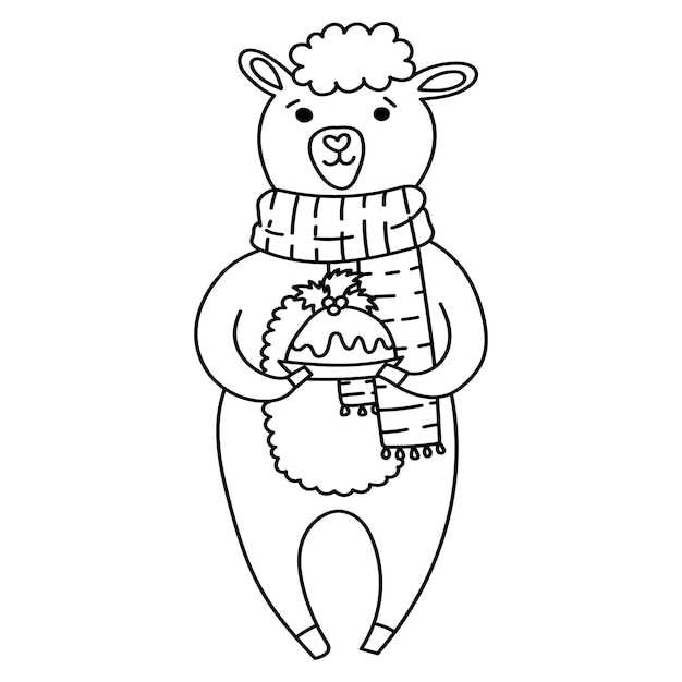 Christmas sheep in a scarf with a holiday cupcake for cards