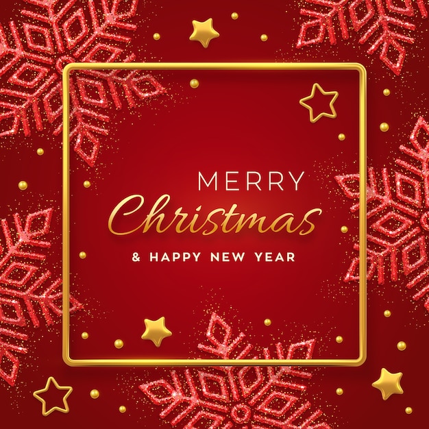 Christmas shining snowflakes, gold stars and beads. Holiday Xmas and New year greeting card