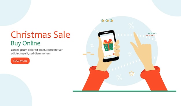 クリスマスのオンラインショッピング 電子購入用のオープンインターネットアプリケーションを備えたスマートフォンを持っている人