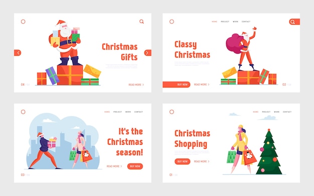 christmas shopping and santa claus with gifts landing page set