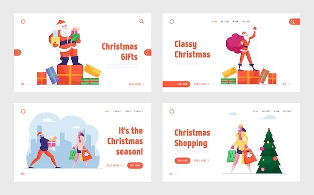 Vettore shopping di natale e babbo natale con regali landing page set