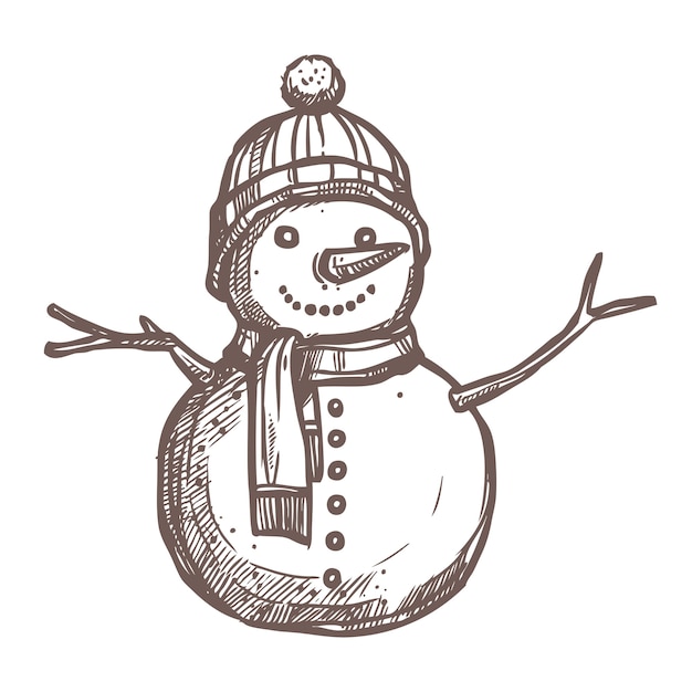雪だるまのクリスマススケッチ。手描きスタイル。お祝いの新年の装飾