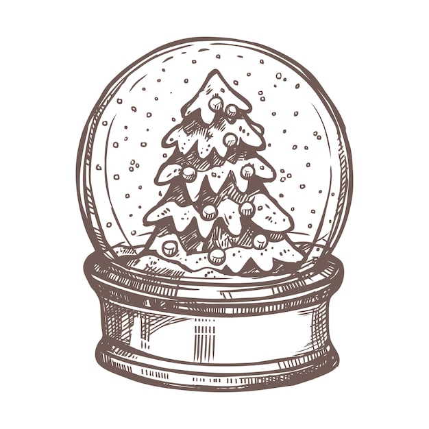 Christmas Sketch with Snowglobe and Christmas tree in it.  Hand Drawn Style. Festive New Year Decoration