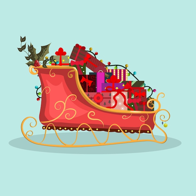 Vector christmas sleigh with gift boxes color vector illustration flat style white isolated background