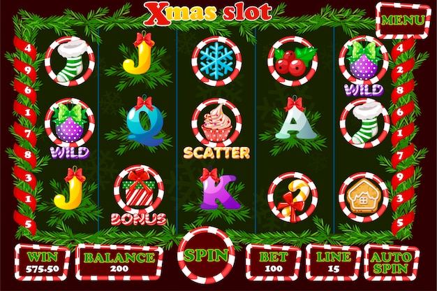 Slot di natale, interfaccia utente del gioco e icone.